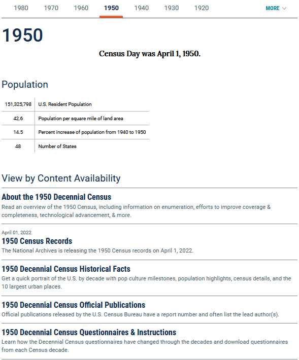 Census Bureau 1950 Census Page