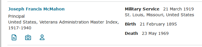 3 VA Master Index result page - Jos F McMahon result