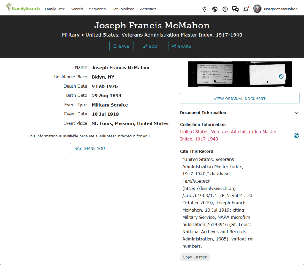 4 VA Master Index result for Jos F McMahon