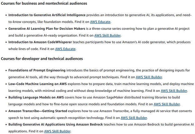 AWS Courses for business and nontechnical audiences list