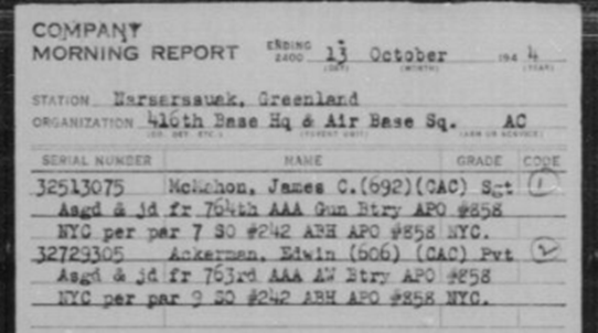 Morning Report 416th Base Hq & Air Base Squadron, 13 October 1944