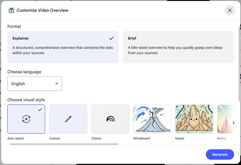NotebookLM Customize Video Overview Window – Explainer Format