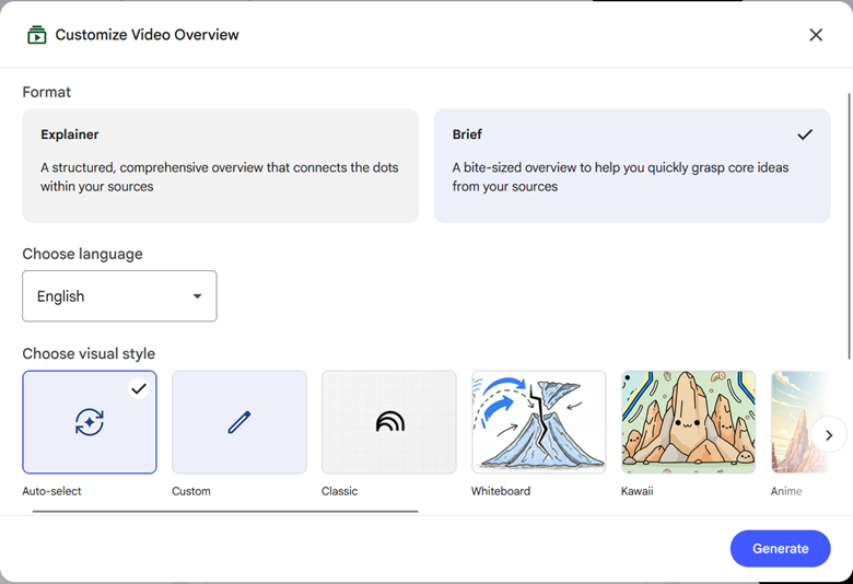 NotebookLM Customize Video Overview Window – Brief Format