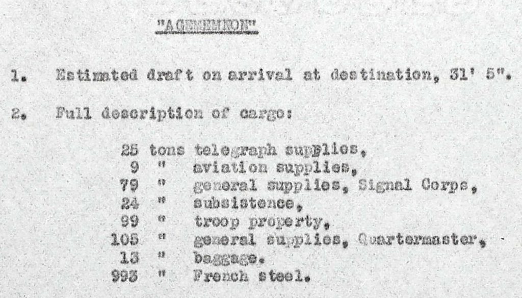 Agamemnon cargo list for 13 Jan 1918 Sailing