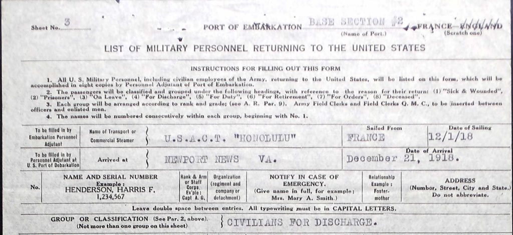 U.S.A.C.T. Honolulu cargo list for 13 Jan 1918 Sailing